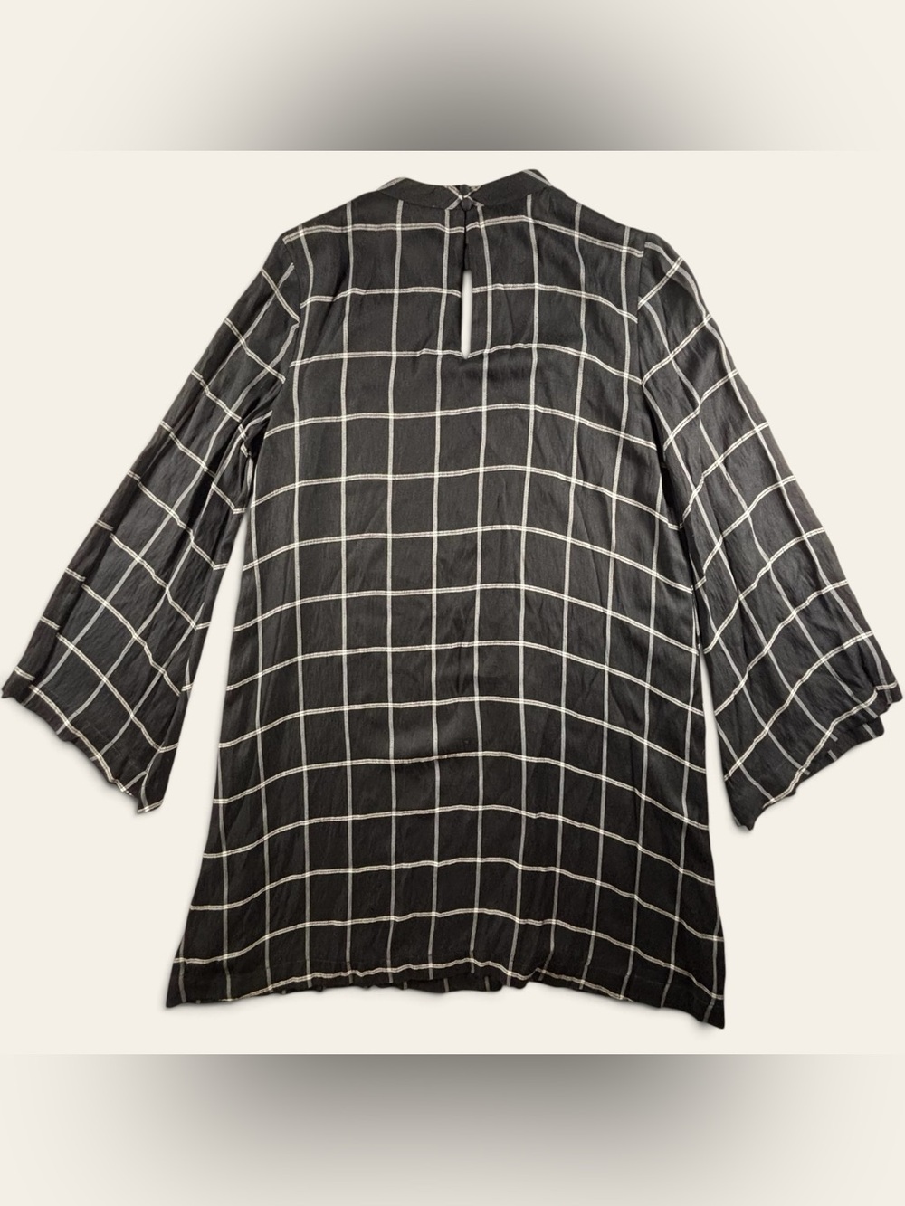 LOFT Black White Windowpane Plaid Bell Sleeve Shift Dress Size S